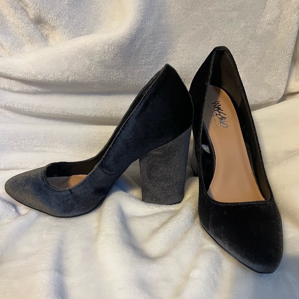 Gray suede heels.